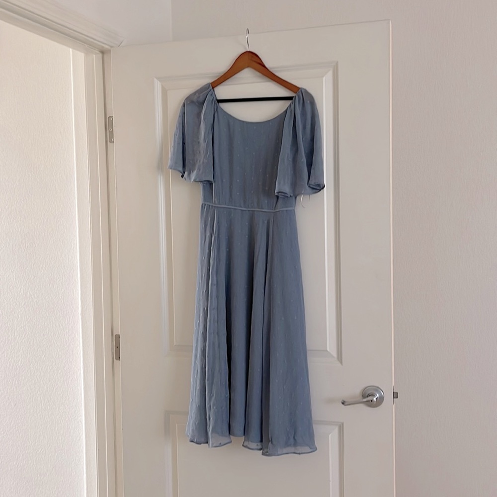 Gal meets glam French blue chiffon Swiss dot dress